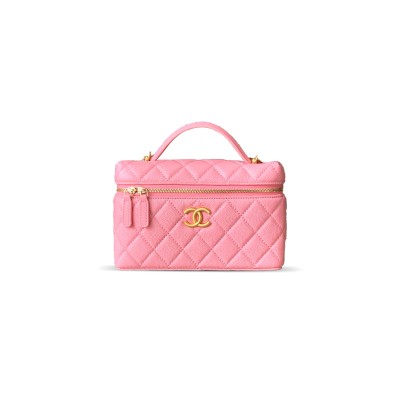 CHANEL CC TOP HANDLE LONG VANITY CASE WITH CHAIN SHINY CAVIAR LIGHT GOLD HARDWARE PINK AP4385 (19.5*17*5cm)